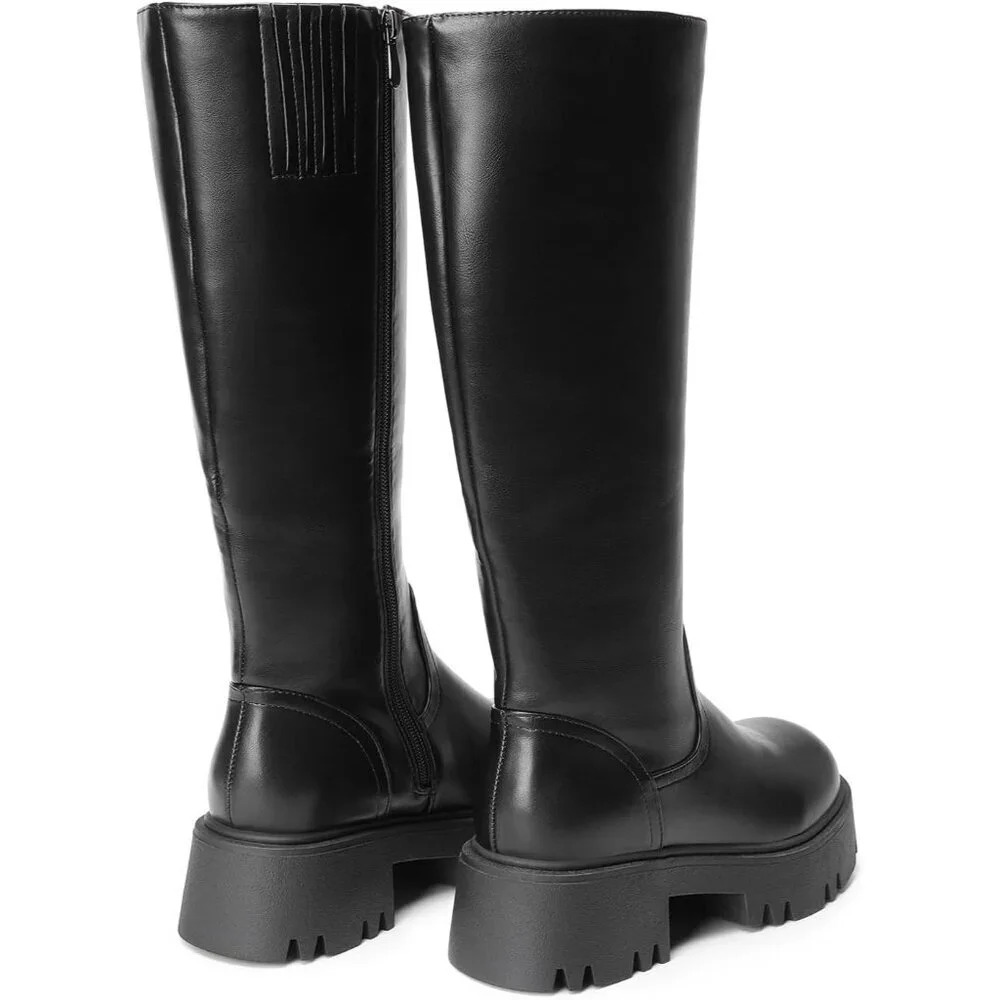 Women's Black Knee High Round-Toe Side Zip Stylish Comfortable Chunky Heel Boot